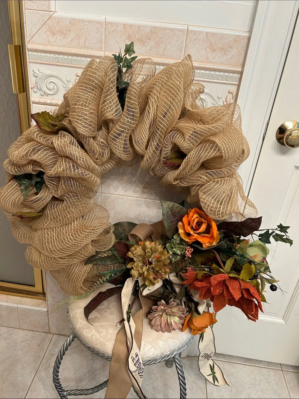 Handmade Burlap Fall Wreath with Orange Accents - Home Holiday